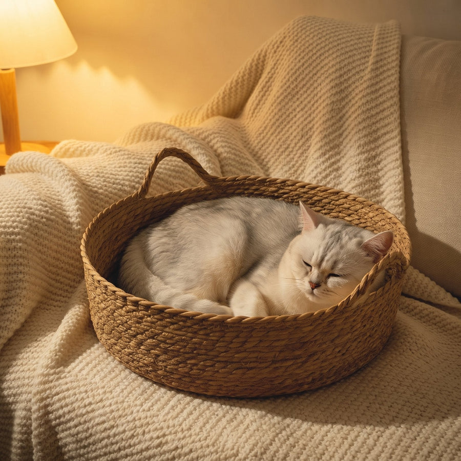 Chat dans une corbeille en bambou tressé