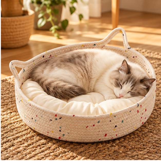 Brisa, panier en corde tressée pour chat – avec son chat – coloris : écru