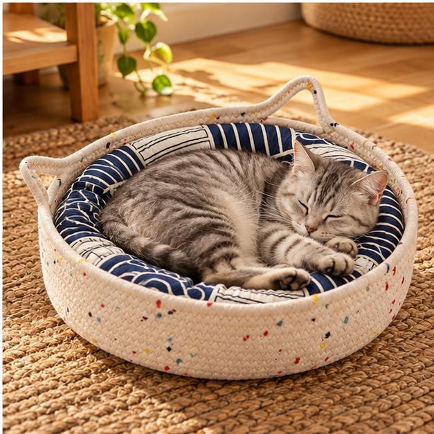 Brisa, panier en corde tressée pour chat – avec son chat – coloris : bleu