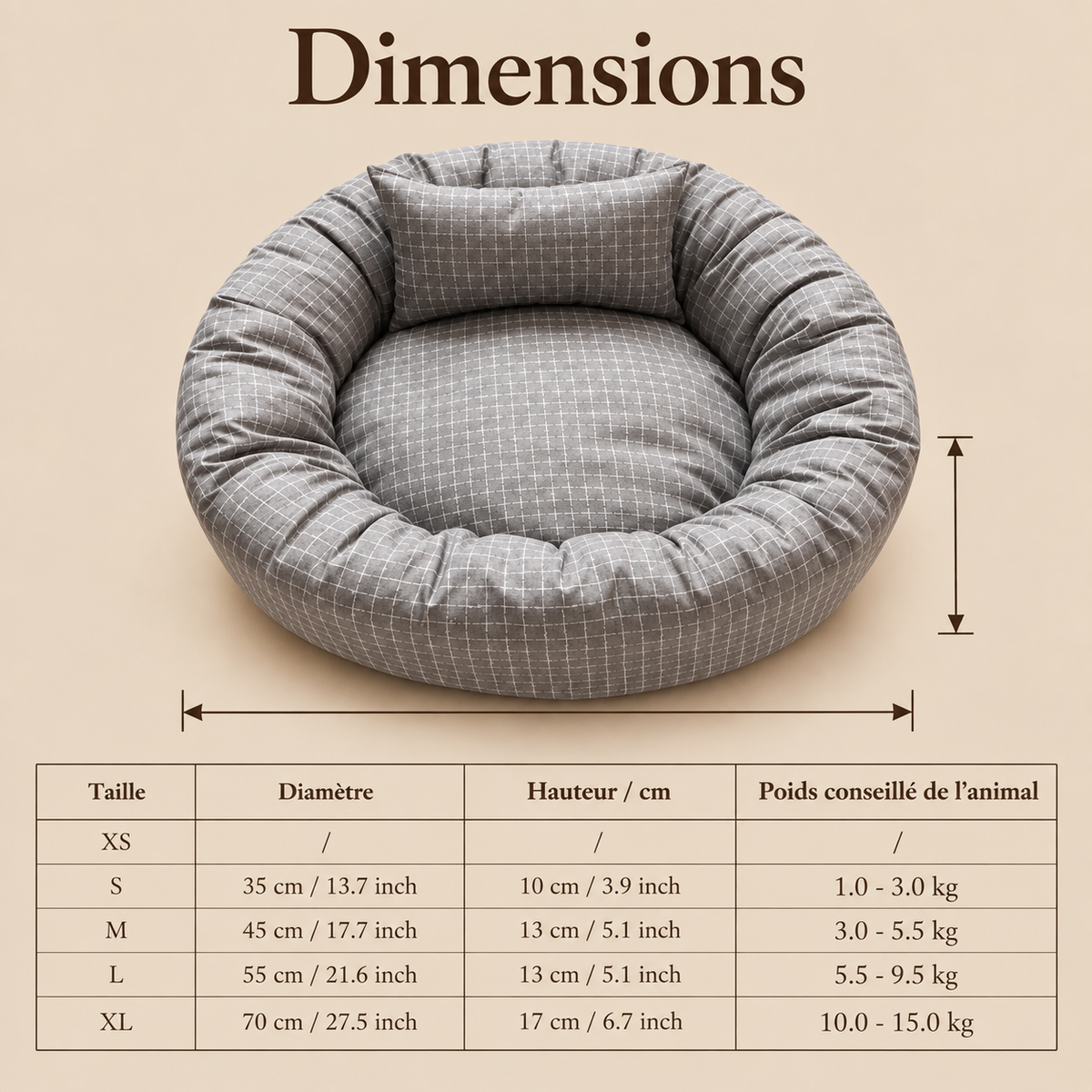 Mila, coussin rond lavable pour chien et chat – dimensions et poids conseillés