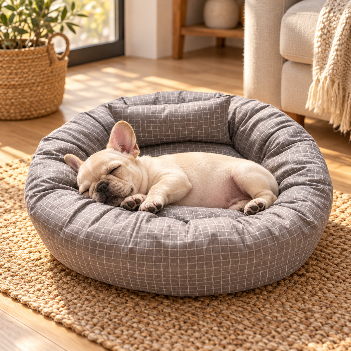 Mila, coussin rond lavable pour chien et chat – avec son chien – coloris : gris