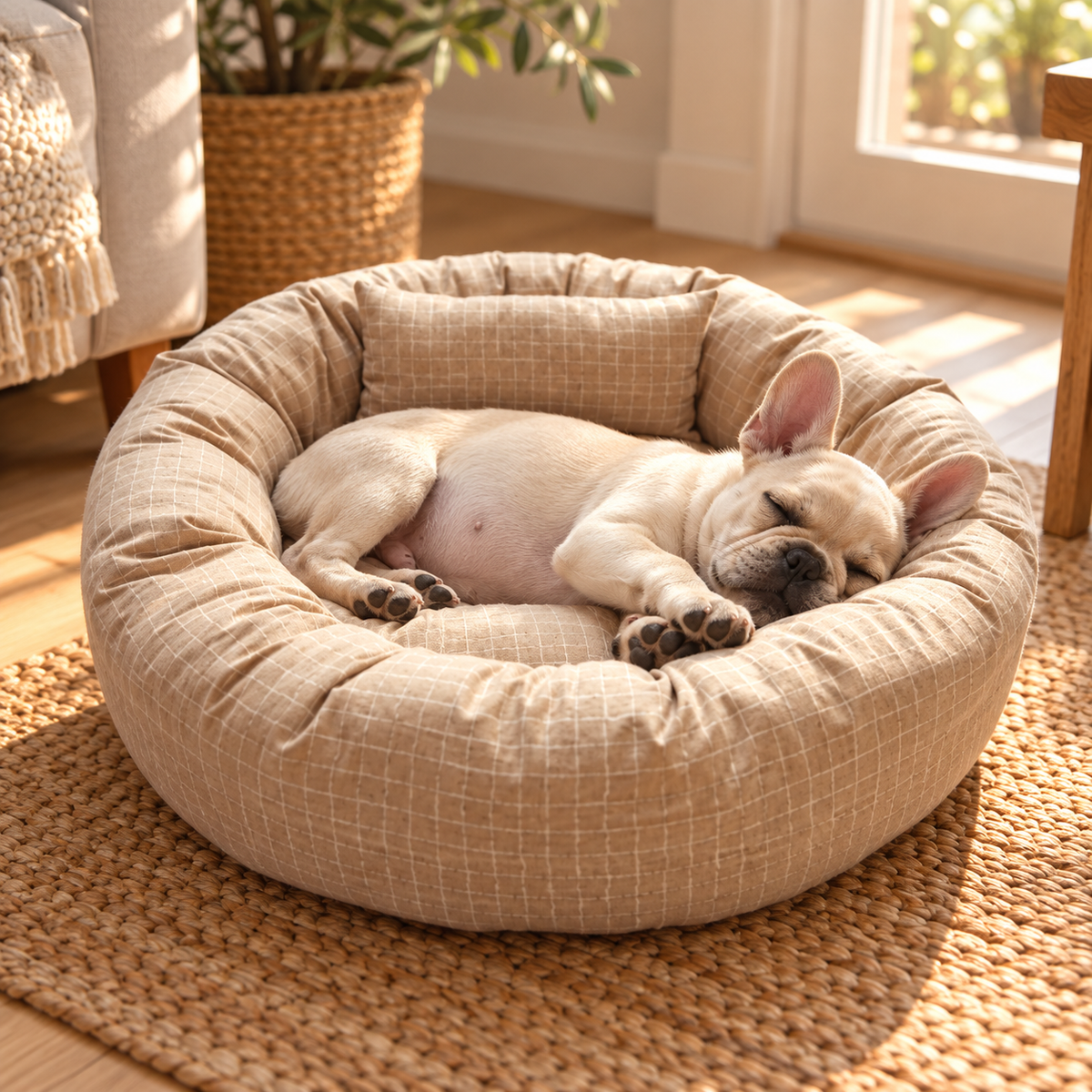 Mila, coussin rond lavable pour chien et chat – avec son chien – coloris : beige