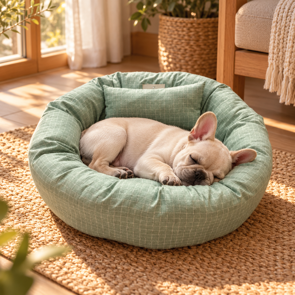 Mila, coussin rond lavable pour chien et chat – avec son chien – coloris : vert