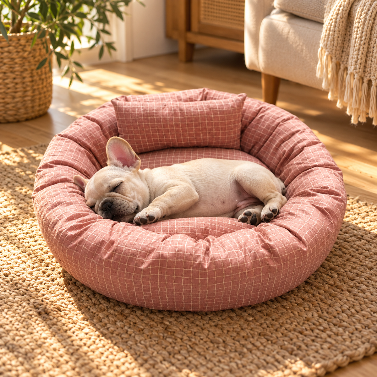 Mila, coussin rond lavable pour chien et chat – avec son chien – coloris : rose