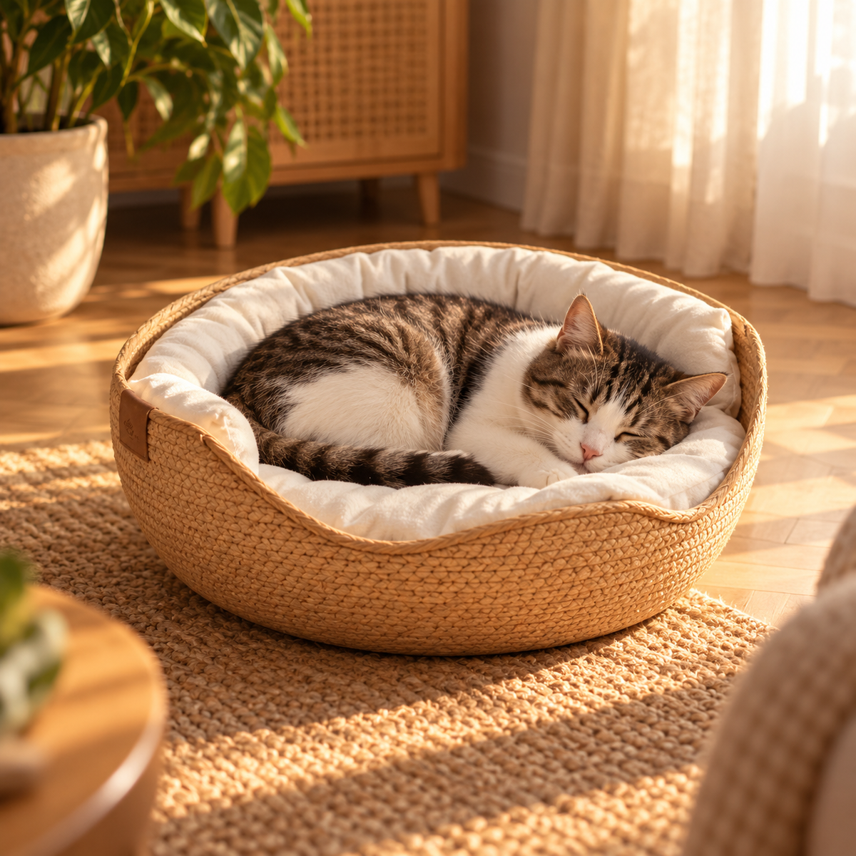 Marea, panier tressé à la main pour chaton – avec son chat