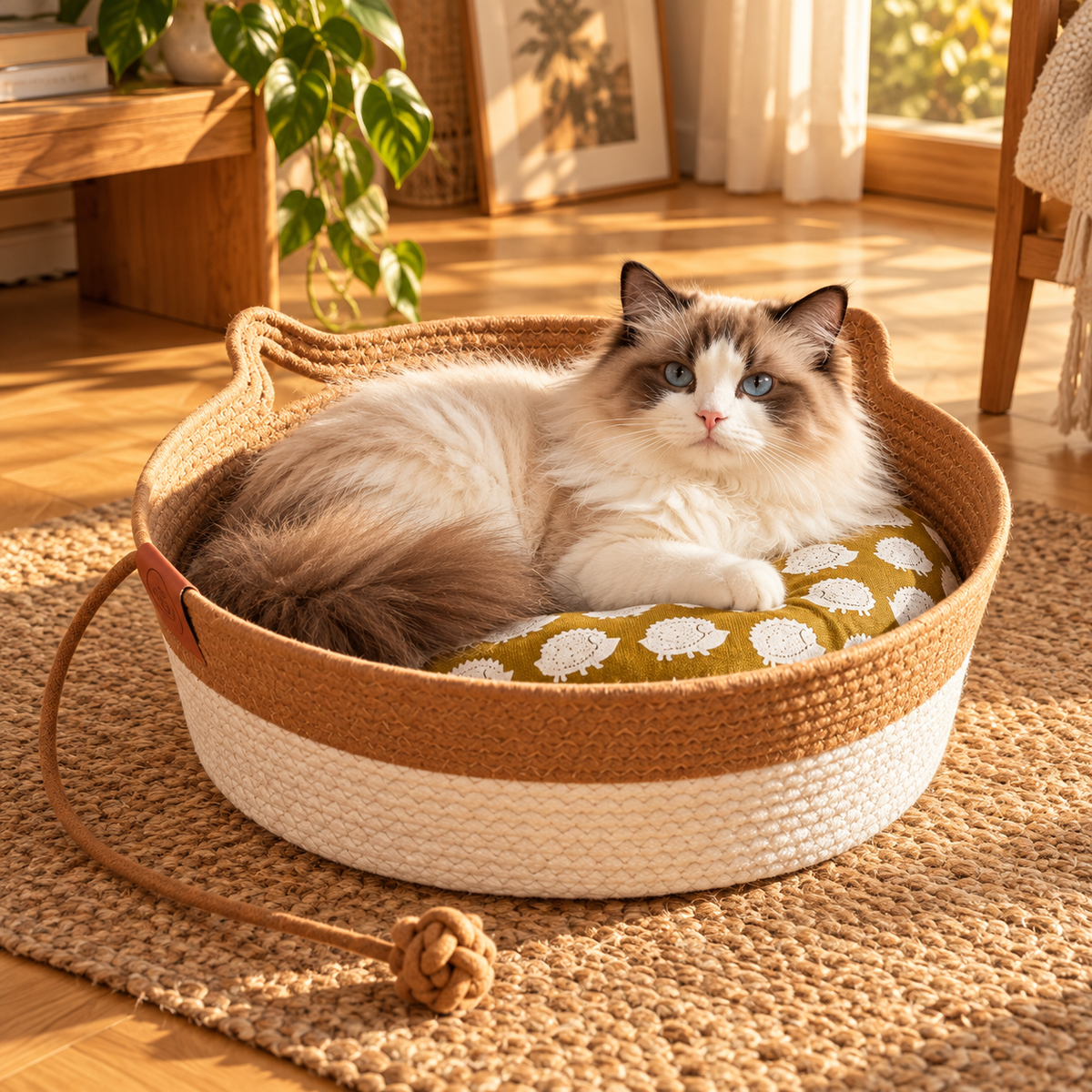 Nova, panier en coton tressé pour chat – avec son chat – coloris : kaki + coussin