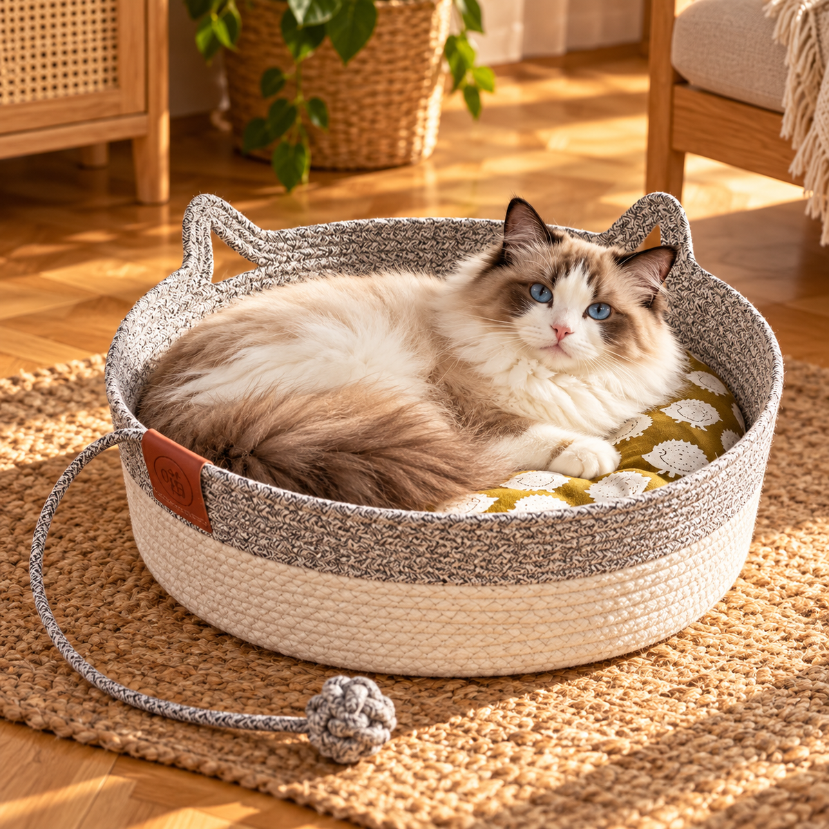 Nova, panier en coton tressé pour chat – avec son chat – coloris : gris + coussin