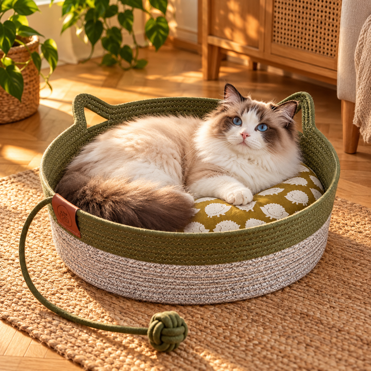 Nova, panier en coton tressé pour chat – avec son chat – coloris : vert + coussin