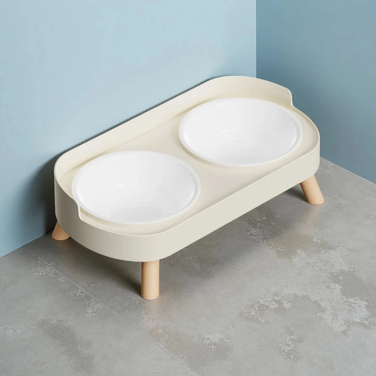 Duo, double gamelle surélevée sur pieds en bois – coloris : blanc · bols plastique
