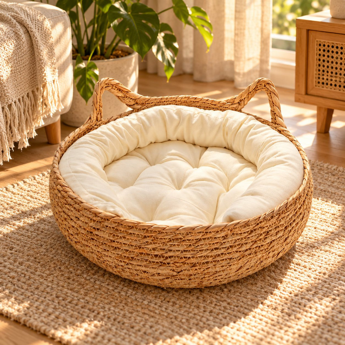 Nido, panier tressé avec coussin pour chat – coloris : blanc
