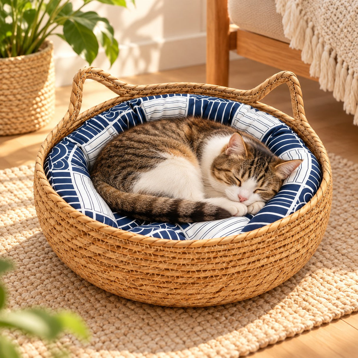 Nido, panier tressé avec coussin pour chat – coloris : bleu