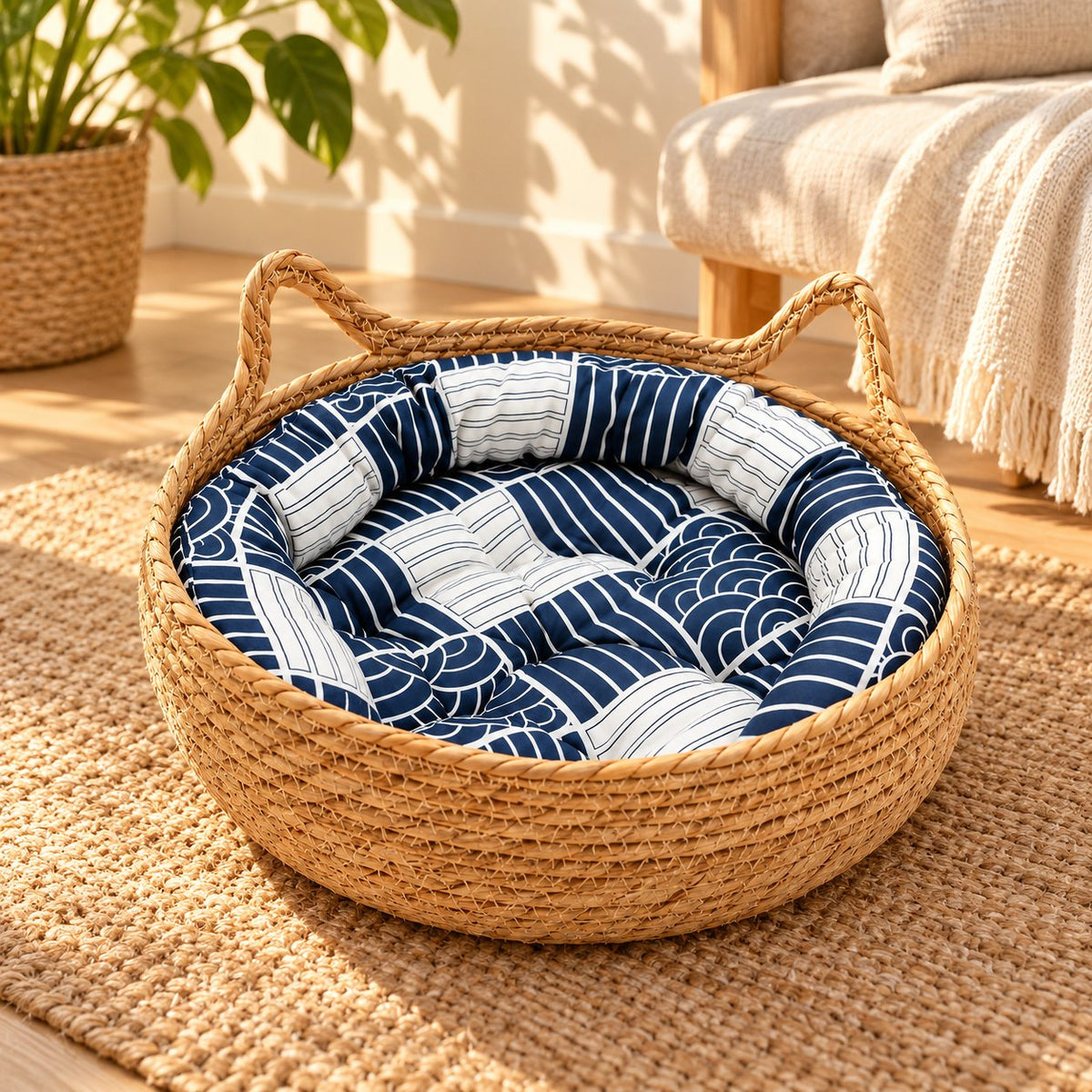 Nido, panier tressé avec coussin pour chat – coloris : bleu