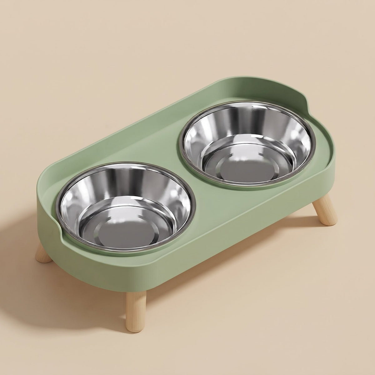 Duo, double gamelle surélevée sur pieds en bois – coloris : vert · bols inox