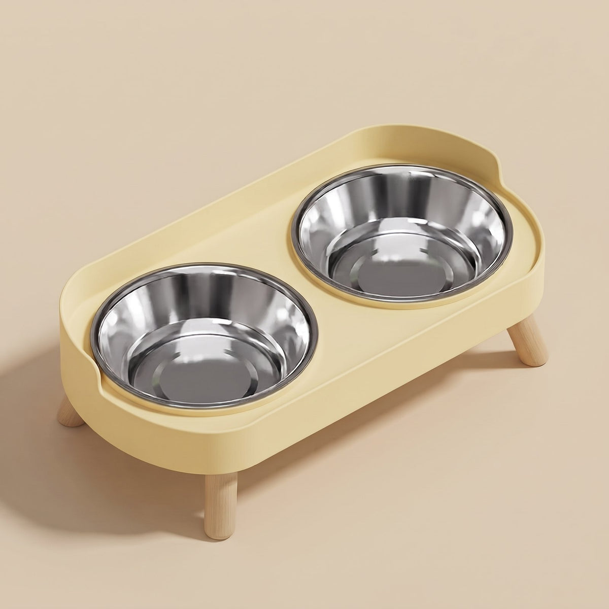 Duo, double gamelle surélevée sur pieds en bois – coloris : jaune · bols inox