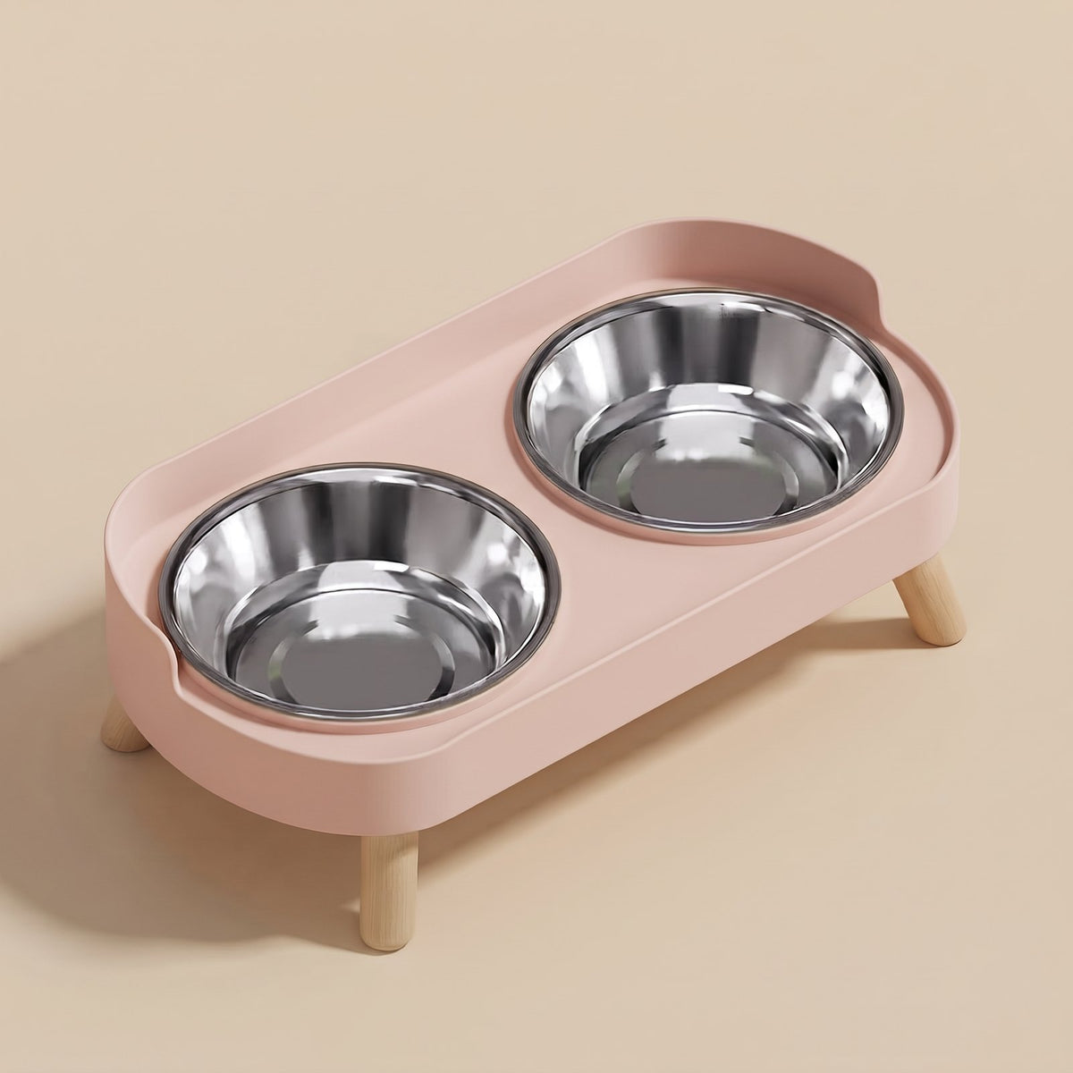 Duo, double gamelle surélevée sur pieds en bois – coloris : rose · bols inox