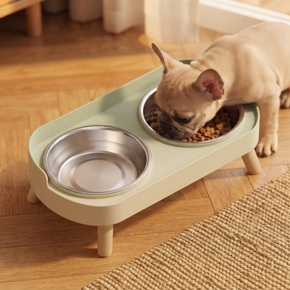 Duo, double gamelle surélevée sur pieds en bois – coloris : vert · bols inox