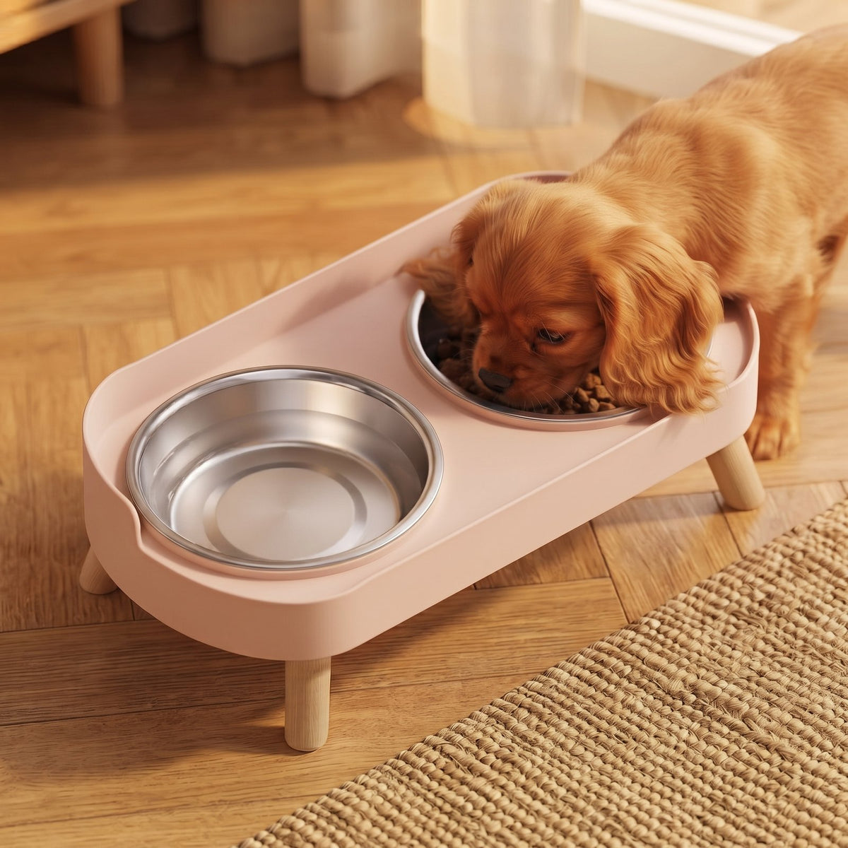Duo, double gamelle surélevée sur pieds en bois – coloris : rose · bols inox